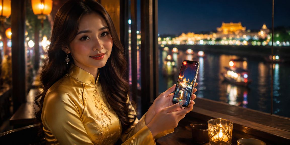 Người dùng Sài Gòn trong trang phục áo dài trải nghiệm casino di động với phong cách hiện đại